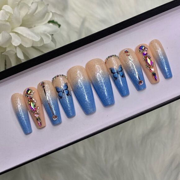 Blue 🦋 Custom Press On Nails | High Quality Nails | Handmade - Picture 1 of 11